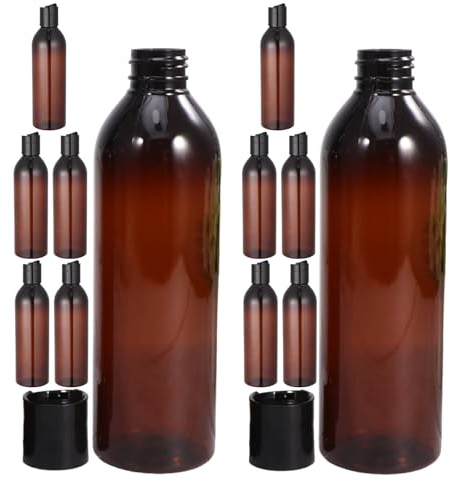 PACKOVE Lot de 12 Flacons Distributeurs de Voyage 250ml en Plastique Marron avec Bouchon Pression Étanche, Bouteilles Vides pour Shampoing, Gel et Lotion, Réutilisables et Compacts