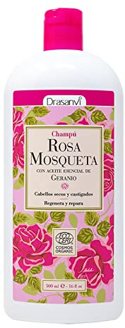 Champu de Rosa Mosqueta BIO Drasanvi con Aloe Vera en 250ml Sin Gluten | Con Rosa Mosqueta, Geranio y Aloe Vera, Especialmente Formulado para Cabellos Secos y Castigados, Vegano Diariamente