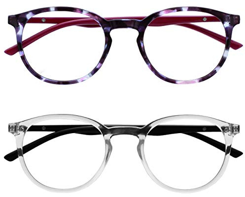 OPULIZE Met Lunettes de Lecture Anti-Lumière Bleue Pack de 2 Montures Rondes et Mincess Charnières à Ressort Améliore le Sommeil Jeux Ordinateur Violet Transparente Hommes Femmes BB60-5C +1.50