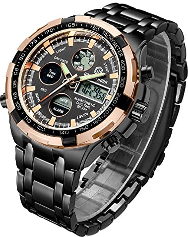 Affute Mens Watches Stainless Steel Sport Chronograph Waterproof Date Alarm Multifunction Analog Digital Wristwatches (Rose Gold Black)