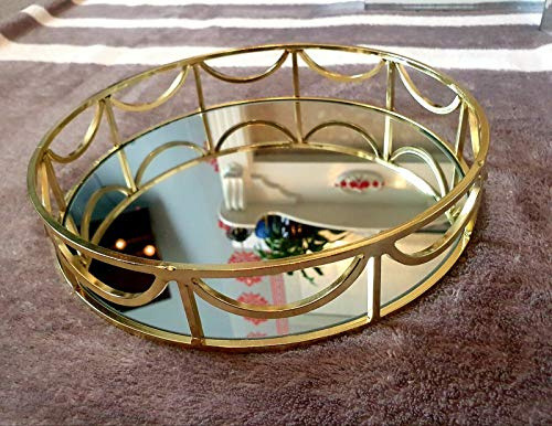 Round Gold Mirror Candle Plate Decorative Tray Wedding Table mehndi Thaal 24cm