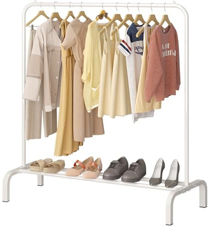 JIUYOTREE Metal Clothes Rail 110 CM Clothing Rack Rail Coat Rail with Bottom Rack for Clothes, Coats, Skirts, Shirts, Sweaters, White