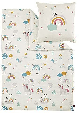 s.Oliver Kinderbettwäsche Einhorn 135x200 cm - 100% Baumwolle, praktischer Reißverschluss & maschinenwaschbar, Bettwäsche für Kinder Regenbogen 2tlg. bunt