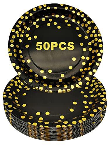 CEILIWEN Party Teller Set - 50 STÜCK Schwarz und Gold, 9 Zoll/23CM Rund Pappteller für Geburtstage