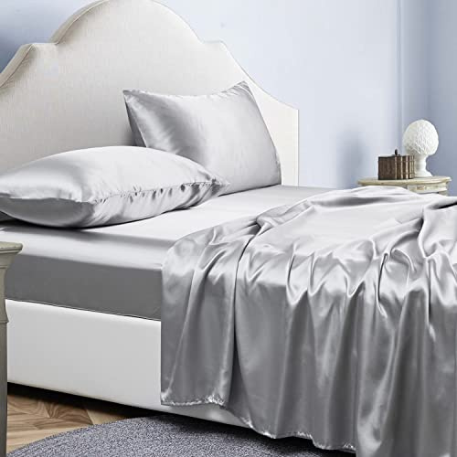 Jemiipee Parure de Lit Satin Couleur Unie Drap Housse - 90x190 cm 1 Personne avec Grand Bonnet de 36 cm - Ensemble 3 Pièces - Drap Housse, Drap Plat et 1 Taie d'oreiller, Gris Clair