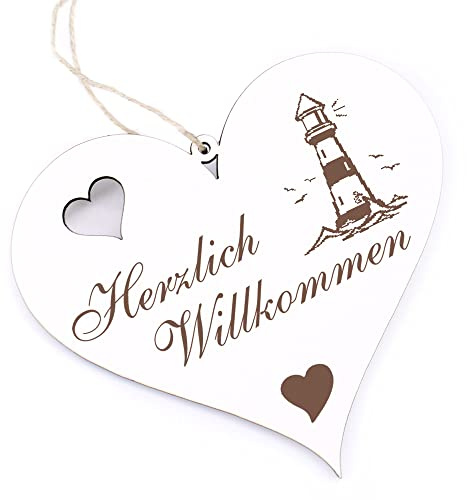 Herzlich Willkommen Schild - Leuchtturm Mit Vögel - Deko Herz Holz Willkommensschild Türschild Dekoschild Türdeko