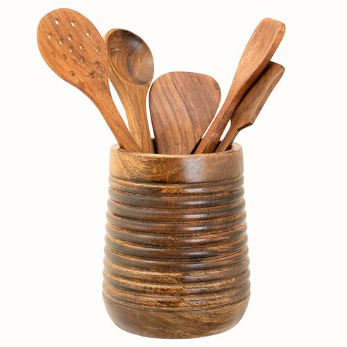 Mie Creations Rustic 7'' Large Utensil Crock Holder for Kitchen Countertop | Wooden Cooking Spatula Organizer for Party, Mother's Day Wood Utensils Caddy, Vintage Kitchen Counter Decor-Dark Brown