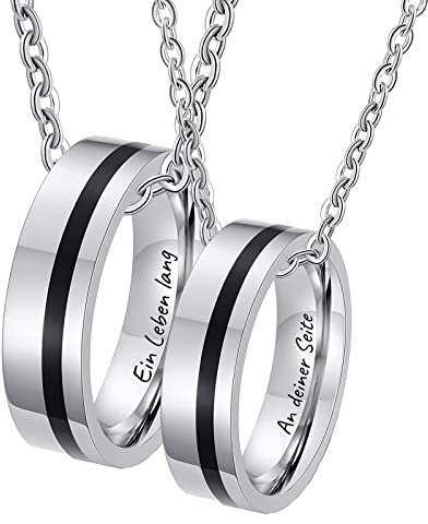 Epinki Edelstahl Partner Kette Gravur mit Gravur EIN Leben lang an deiner Seite, 2pcs Ringe Anhänger Emaille Partner Ketten Set, Silber Schwarz für Frauen & Männer, Breite 6MM