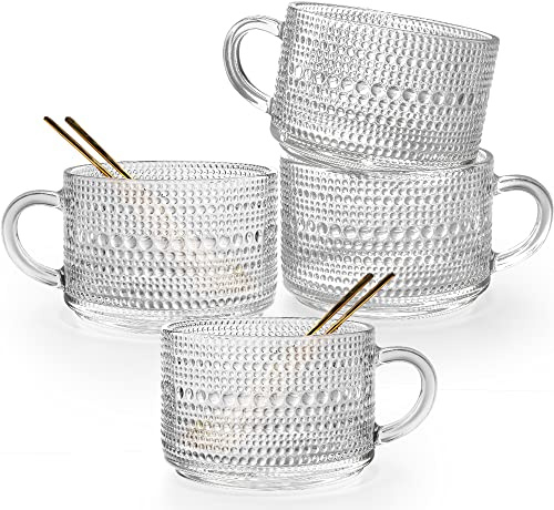 Gutsdoor Vintage Glass Coffee Mugs Set of 4, 14 Oz Clear Embossed Glass Coffee Cups, Stackable Breakfast Cups with Gold Spoon for Cereal, Latte, Tea, Beverages (Beads*4).