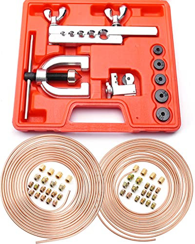 Racewill Kit de conduite de frein avec revêtement en cuivre de 7,6 m + 6,35 mm (comprend 32 raccords et 8 raccords) + kit d'outils d'évasement double et simple de ligne de frein