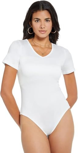 RPAEOY Body Damen Kurzarm Vausschnitt Bodysuit Elegant Oberteil Basic Bodys Blusenbody Kurzarmbody Figurformend Unterziehbody Tanga Shapewear für Alltag Büro