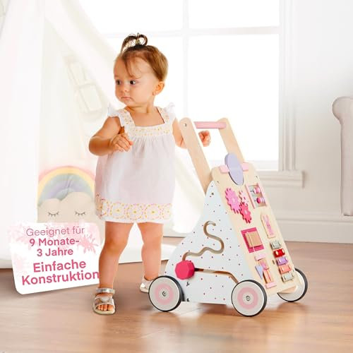 Haus Projekt Carrello Primi Passi Rosa, Girello Bambina di Legno Rosa, Carrellino Primi Passi Legno, Giocattoli per Bambini 1 anno, Regali di Primo Compleanno per Bambini, Regalo di Pasqua