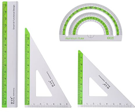 sourcing map 4Stk Geometrie Set 15cm Metrische Maßnahme Tinte Drucken Aluminum Lineal Metall Lineal Set Dreieck Winkelmesser Lineal Werkzeug Set für Klassenzimmer Büro Hause Grün