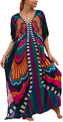 sunforyou Kaftan Dresses for Women Plus Size Lightweight Swimsuit Cover up Batwing Sleeve Print Loungewear Beach Robe (9141) Butterfly
