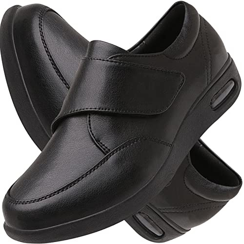 AEHO Zapatos Especiales para Juanetes Cuero PU Sandalias Diabéticas Zapatos de Punta Deslizante Ajustables Zapatos de pie diabético de pie Ancho Sandalias para Hombre diabéticos,Negro,43 EU