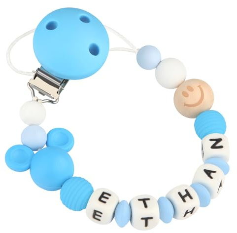 Yolnkos Schnullerkette mit Namen Jungen Mädchen Personalisiert Schnullerclip Maus(Blau)