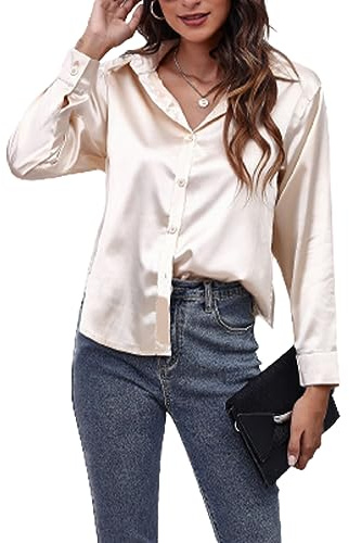 BHUJIA Camicia di Seta di Raso delle Donne a Maniche Lunghe Button Down Camicia, Camicia Elegante della Camicia Casual di Seta (S,Champagne)