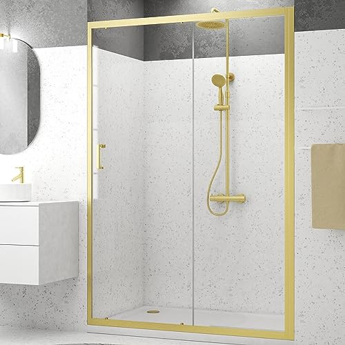 Porta doccia scorrevole 140 x 200 cm, profili in oro dorato spazzolato, in vetro temperato 6 mm, colore: oro