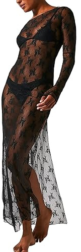Loalirando Vestido largo mujer vestido transparente mujer vestido elegante de manga larga vestido de encaje mujer vestido de fiesta Bodycon de noche cóctel, Negro , L