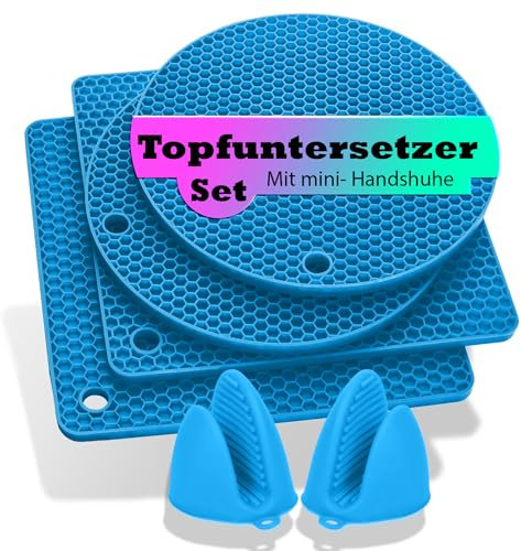 Pantelej Silikon Topfuntersetzer und Topfhandschuhe – 6 teiliges Set: 2 runde und 2 quadratische Untersetzer Plus 2 Mini Handschuhe, hitzebeständig, rutschfest, flexibel und langlebig aus Silikon