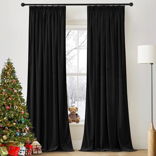 PONY DANCE Wohnzimmer Gardinen Samt Schwarz Blickdichte Vorhänge für Schienensystem 2er Set Samtvorhänge mit Kräuselband Thermovorhang gegen Kälte Verdunklungsvorhang, H 240 x B 132cm (300g/m²)