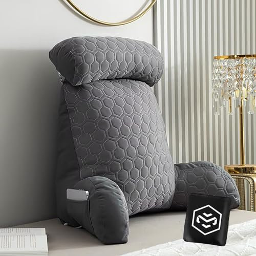 Stützkissen Lesekissen Rückenkissen für Bett Bettsitzkissen mit Armlehne Bett Rückenlehne Stützkissen | Bett Rückenlehne Lesekissen mit Tasche | Waschbarer Bezug | Ideal als Rückenstütze zum Lesen