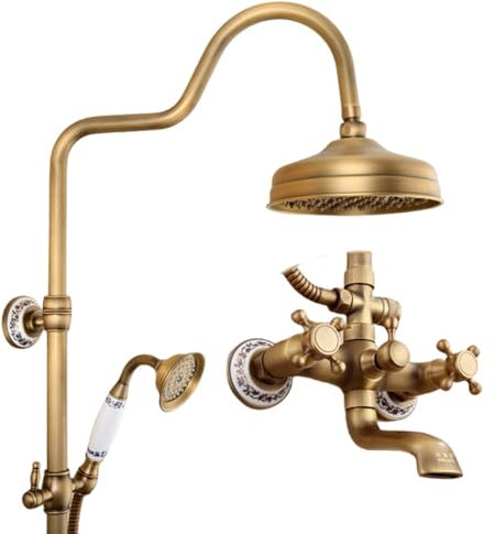 20-teiliges Badezimmer-Hardware-Set zur Wandmontage aus antikem Messing, Toilettenpapierhalter/Bademantelhaken/Handtuchstange/Handtuchringe, Duschsystem B