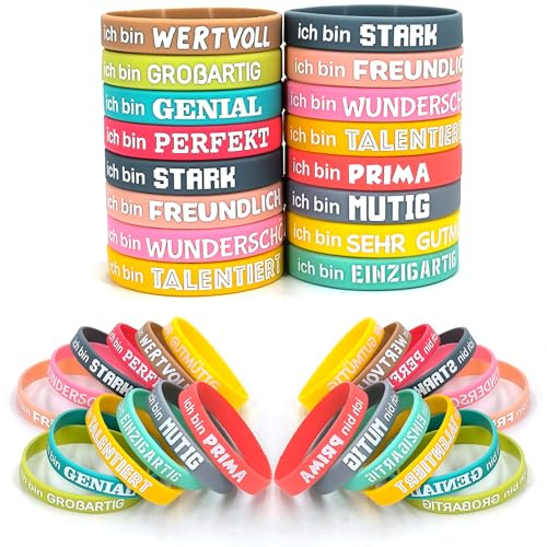36 Stück Motivationsarmbänder Silikon Armbänder Inspirierende Silikon Armbänder mit Positiven Sprüchen Motivierende Gummiarmbänder Mutmacher Geschenke Party Mitgebsel für Schüler Teenager Kinder