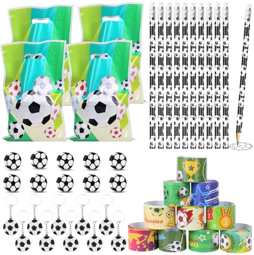 Dncvb 50 Stk Fussball Mitgebsel,10 Fußball Bleistifte,10 Fußball Radiergummi,10 Schlüsselanhänger Fußball,10 Geschenktüten Fussball,10 Fußball Armbänder,Fussball Geschenke für Junge und Mädchen