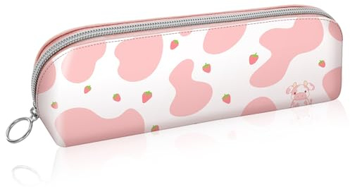 FINPAC Estuche Escolar de Lápices in PU Cuero, Gran Capacidad Bolsa de Bolígrafos con Cremallera, Organizador de papelería Oficina, para Niños, Niñas, Adultos, (Strawberry Cow)