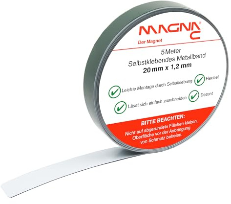 Magna-C® Metallband selbstklebend | weiß | Ideal für Tonies®-Figuren & -Regale | Untergrund für Magnete | flexibel und leicht zuschneidbar | 5m x 20mm x 1,2mm