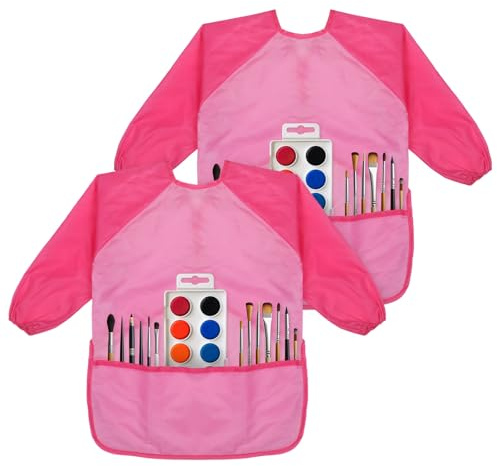 Giantree 2Pcs Kids Painting Apron, Waterproof Toddlers Art Smock, Painting Supplies, Artist Smock With Long Sleeve and 3 Pockets for Ages 5-8, Painting Cooking Baking (Pink)
