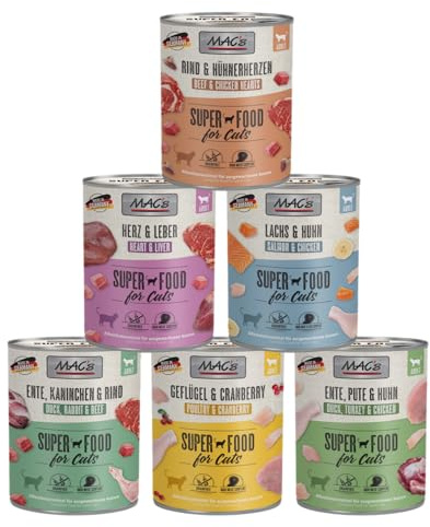 Mac's Cat 6 x 800g Mixpaket | Garantierter 6-Sorten-Mix | Getreidefreies Premium-Nassfutter für Katzen | Ideale Kombination aus hochwertigen Zutaten + Gratis Milky Shake Sachet