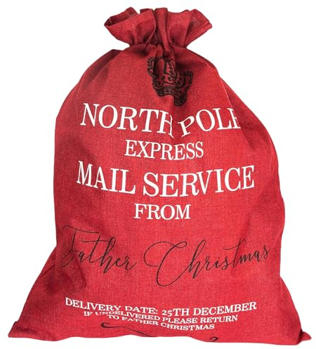 WedDecor Large Hessian Red Santa Sacks with North Pole Express Printed Design (60cm X 80cm) Drawstring Closure | Christmas Stockings Sack for Gifts, Holiday Treats, and Decorations, Kids Gifting