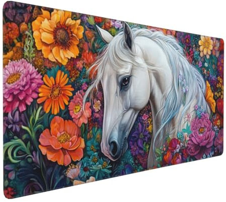 Gaming Mauspad XXL Pferd Mousepad 1000x500x4mm Blume Verlängertes Mauspad Schreibtischauflage,Genähte Kanten Mauspad,Verbessert Präzision und Geschwindigkeit Wasserdicht Geeignet für Büro und Spiele