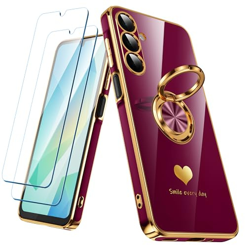 Nonional for Samsung Galaxy A16 5G/4G Case with 2 Pack Screen Protector, 360° Rotatable Ring Holder [Luxury Hearts Pattern] Plating Gold Edge Slim Soft Phone Cover Case for Galaxy A16 - Wine Red