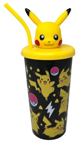CARTOON Bicchiere con cannuccia Pikachu Pokémon con personaggio 3D in plastica riutilizzabile BPA Free capacità 443 ml