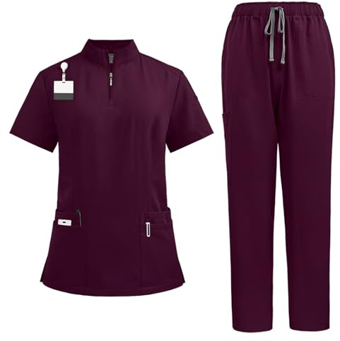 Meichoon Scrubs set för kvinnor stående krage dragkedja topp med fyra fickor stretchiga yogabyxor medicinsk vård arbete uniform skönhetssalong DK50, Vinrött, S