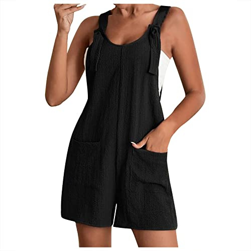 EMATOP Overall Damen Sommer Kurz Jumpsuit Baumwolle Leinen Latzhosen Ärmellos Lässiger Trägerhose Elegant Leicht Einteiler Shorts Einfarbig Mode Arbeitshose mit Taschen Playsuit Sport Romper