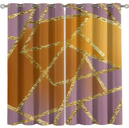 Vorhänge Blickdicht Gardinen Wohnzimmer Verdunkelungsvorhang Schlafzimmer Kinderzimmer Thermovorhang 3D Hellviolett-Gelbe Luxuriöse Geometrische Goldene Linien Muster Ösenschal 2Er Set Fensterdeko