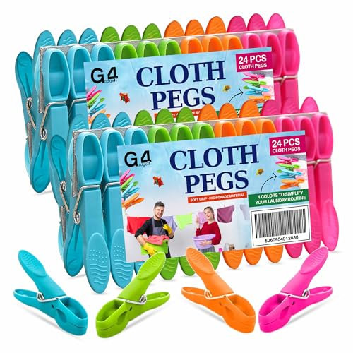 G4GADGET Clothes Pegs 48 Pack, Strong Grip Pegs for Washing Line, Durable Plastic Laundry Pegs with Stainless Steel Spring, Non-Slip & Windproof Washing Pegs for Clothes Drying, Home & Garden Use