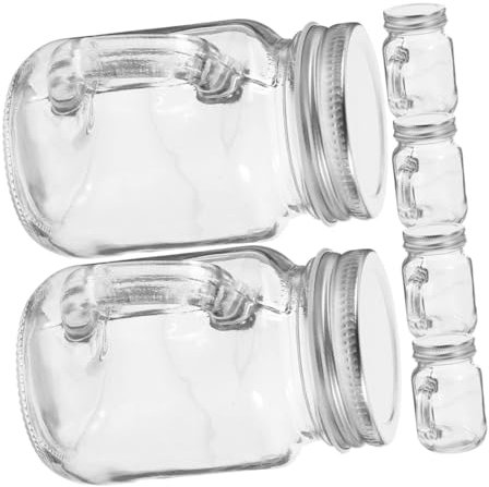 CIYODO 6pcs Mini Mason Cups Glass Beverage Bottles Handles and Lids Airtight Jars for Drinks Desserts and Jam