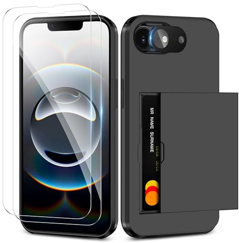 Coolden for iPhone 16e Case iPhone 17e Case with Card Holder & 2 Screen Protector + 1 Camera Lens Protector Full Body Heavy Duty Protective Shockproof Wallet Cover for iPhone 16e/17e Phone Case-Black