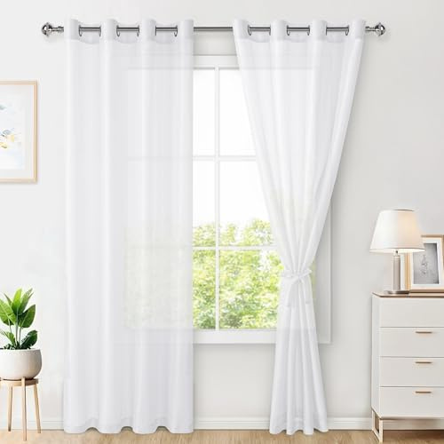 Hiasan Gardinen mit Ösen Vorhänge Wohnzimmer Transparent Weiß H225xB140cm | 2er Set, Ösenvorhang Gardine Vorhang aus Polyester Voile, sanftes Licht moderne Dekoschal für Wohnzimmer Schlafzimmer