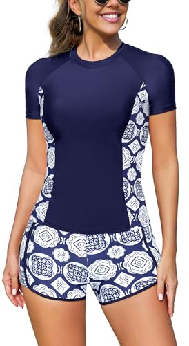 SHEKINI Tvådelad Rashguard för kvinnor, kortärmad, integrerad bh, baddräkt med pojkshorts, snabbtorkande, UV-skydd, simtröja, Mörkblått cirkulärt mönster, L
