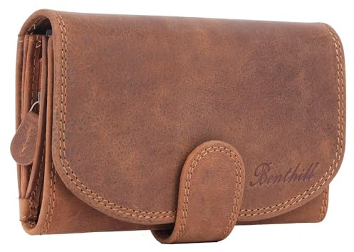 Benthill Damen Geldbörse Vintage Leder | Damen Portemonnaie mit RFID Schutz | Gelddbeutel mit vielen Kartenfächer | Echtleder Damenbörse inkl. Geschenkbox, Farbe:Brown - Tan (H)