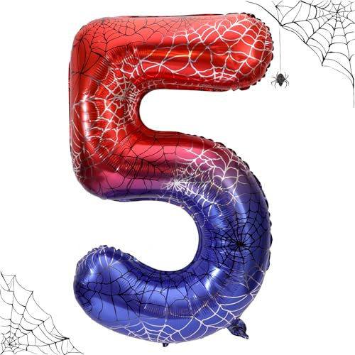 40in Giant Spider Web Number Birthday Balloon, Large Spider Theme Number Balloons Red and Blue Hero Party Decorations for Boys Girls Kids Birthday Anniversary Halloween Party Supplies (5)