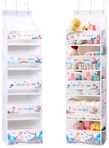 WENNERSAI Einhorn Tür Hängeaufbewahrung,5-Tier Hängeregal mit 10 Taschen Hängeorganizer für Camping Bad Schrank Schlafzimmer für Kinder Kleidung Spielzeug Windel