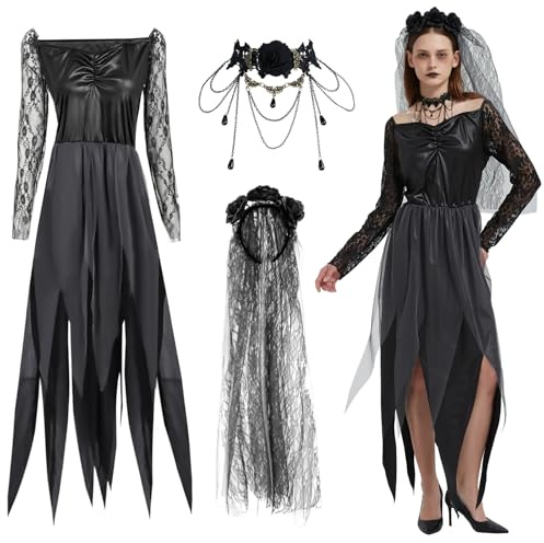 HERMORRYSS Zombie Braut Kostüm Damen, Geisterbraut Kostüm mit Horror Braut Schleier und Halskette, Halloween Kostüme Zombie Brauts Langärmlig Gothic Spitzenkleid, für Halloween Fasching Karneval (M)