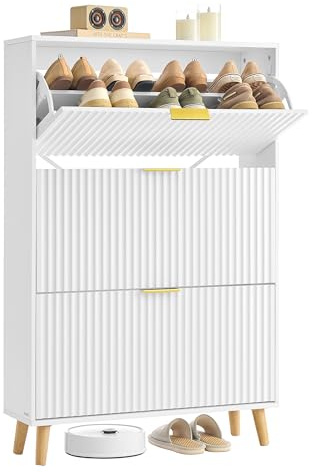 VASAGLE MAXE Kollektion - Schuhschrank mit 3 Klappen, Schuhkipper schmal, Schuhregal für Eingangsbereich, geriffelte Türen, für 18-24 Paar Schuhe, Mid Century Modern, wolkenweiß HSC302WB02